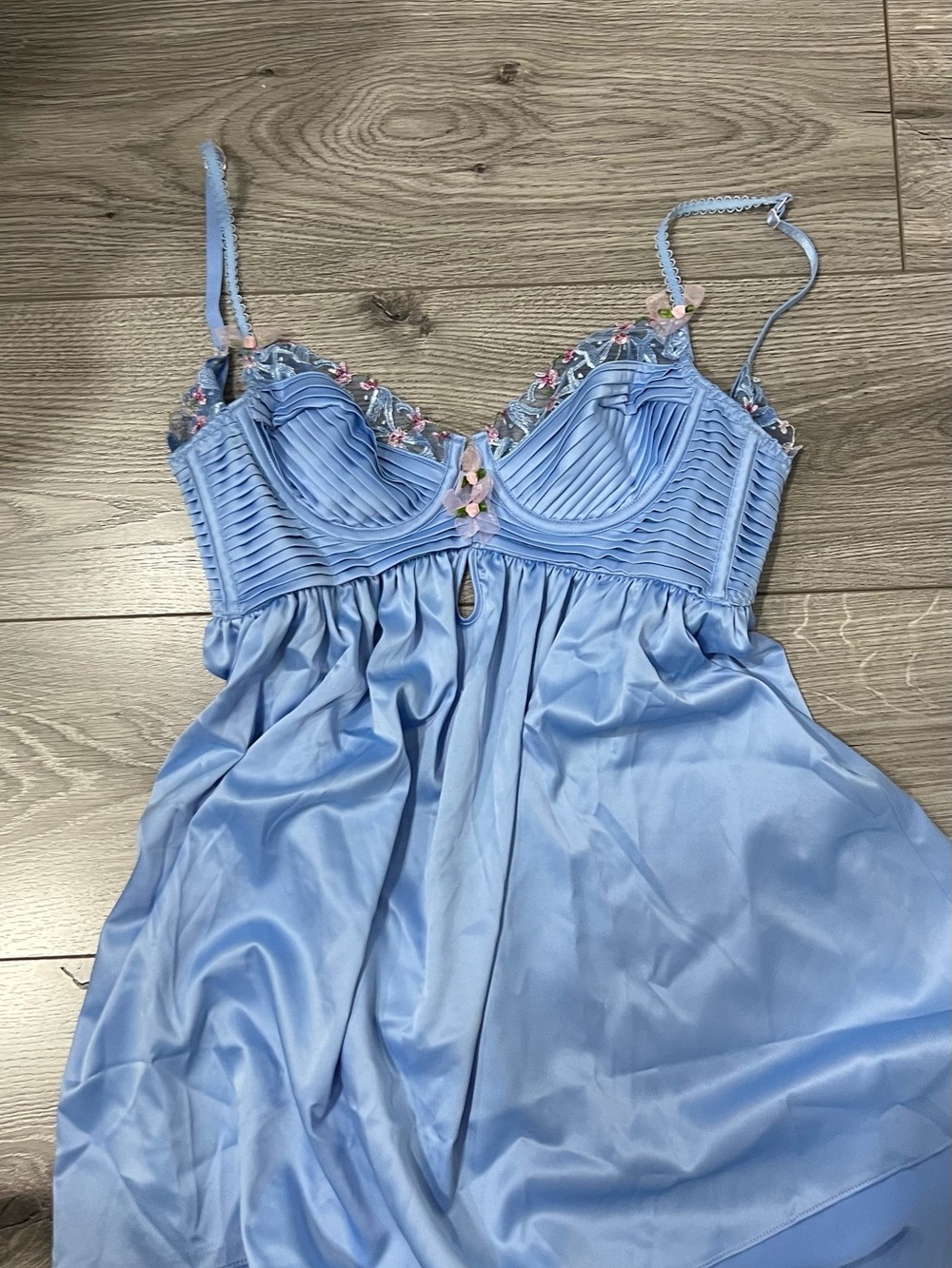 For Love & Lemons Light Blue Satin Lace-Trim Slip Dress